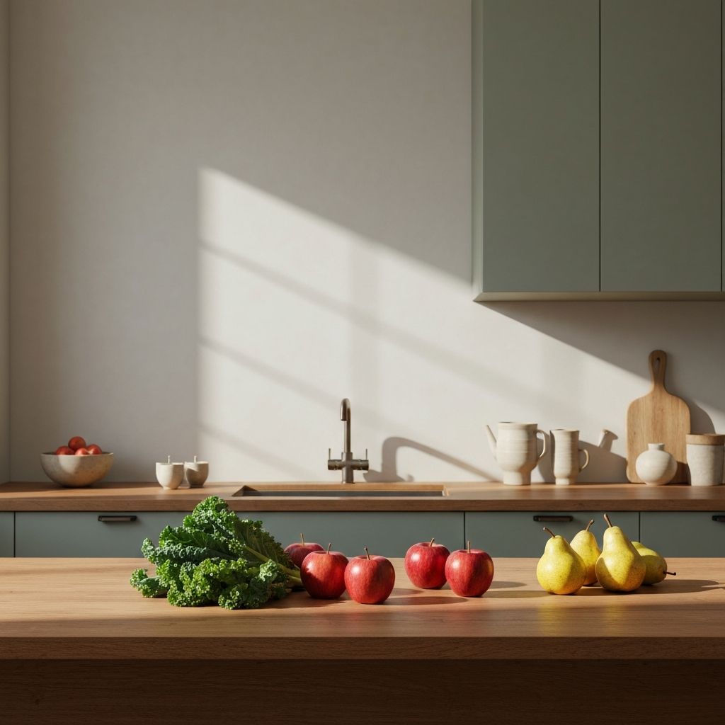 Espacio tranquilo de cocina con alimentos frescos